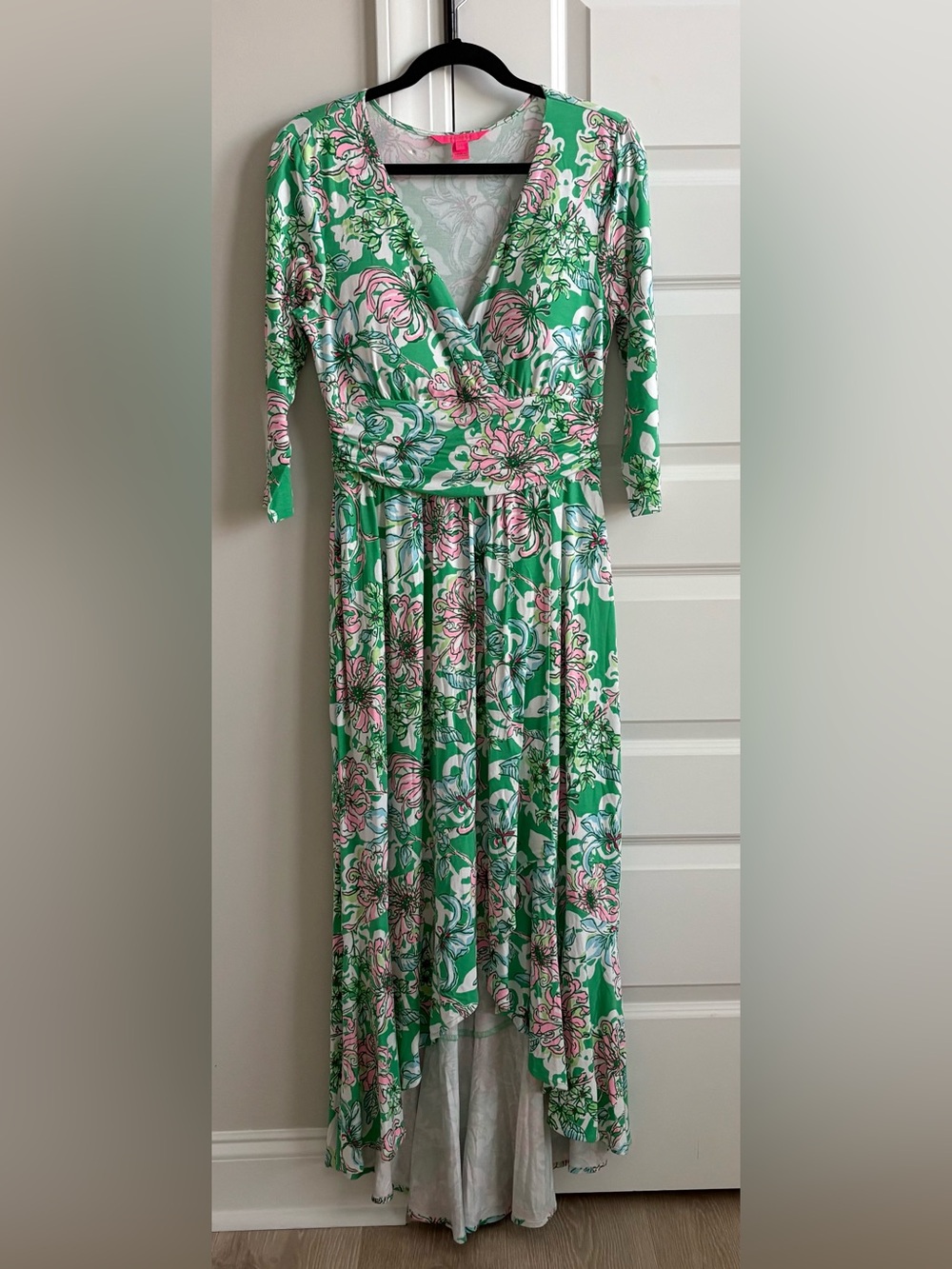 Green Floral Wrap Maxi Dress with Pink Accents
